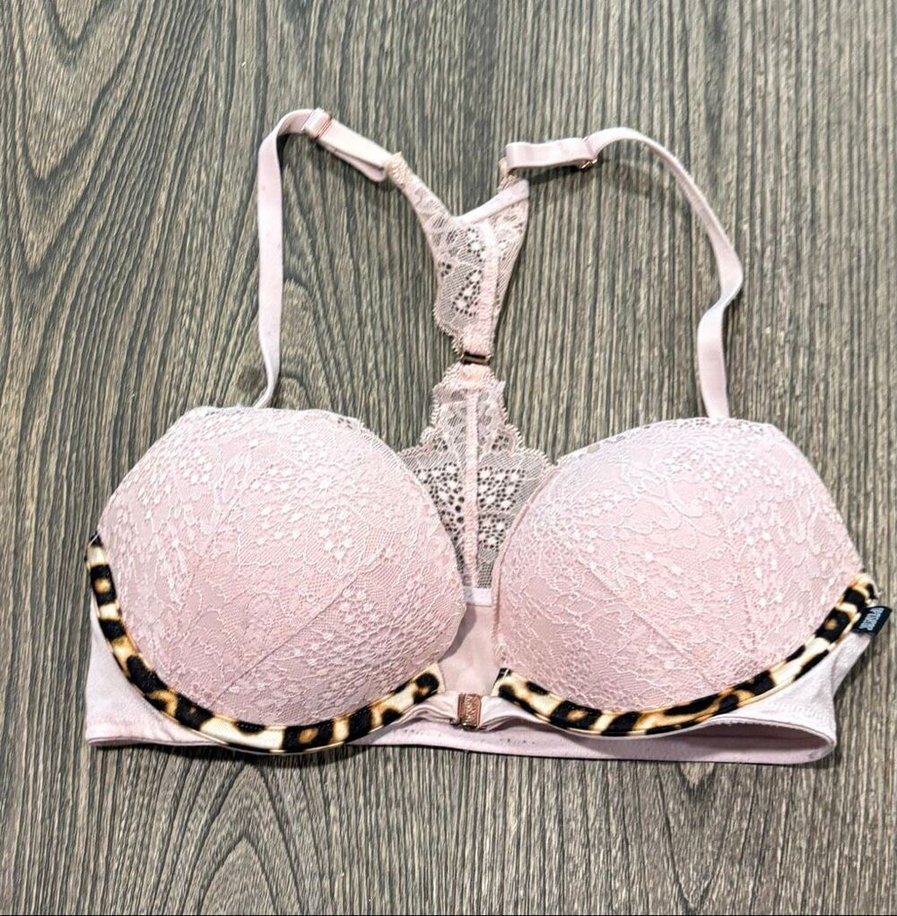 PINK Victoria's Secret Lace Front Clasp Racerback Push-Up Bra Pink Size 32D